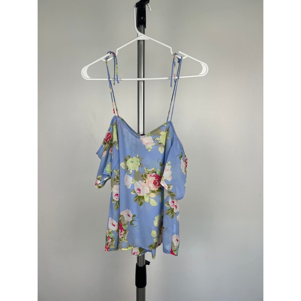 re:named Blue Floral Cold Shoulder Tie Strap Blouse Small T6851 Rose Print Top